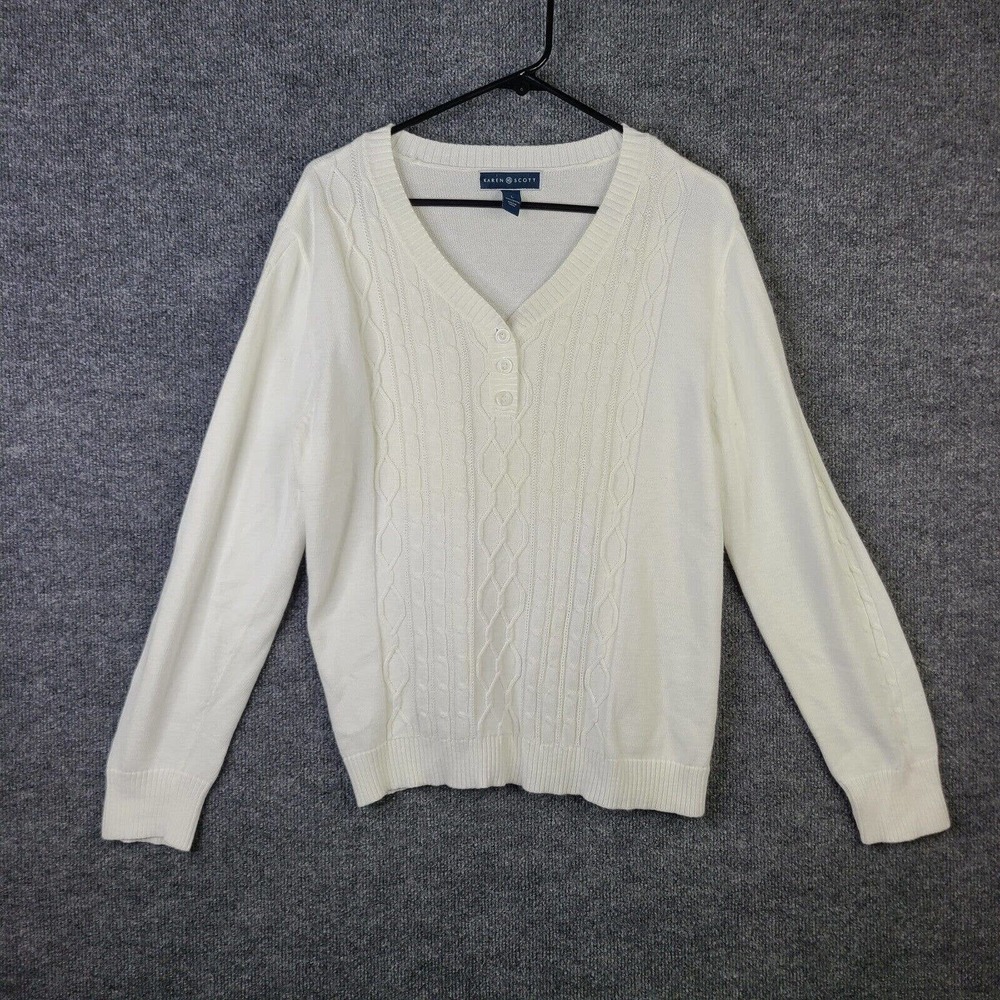 Karen Scott Sweater Women's L White 100% Cotton Cable Knit V-neck Pullover